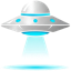 RunKeepAI — chrome flying saucer emitting a cyan beam